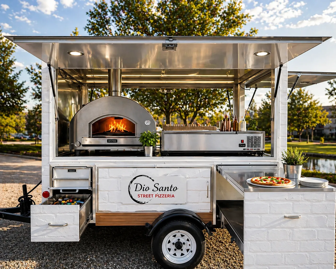 The custom-built Dio Santo pizza cart open for service