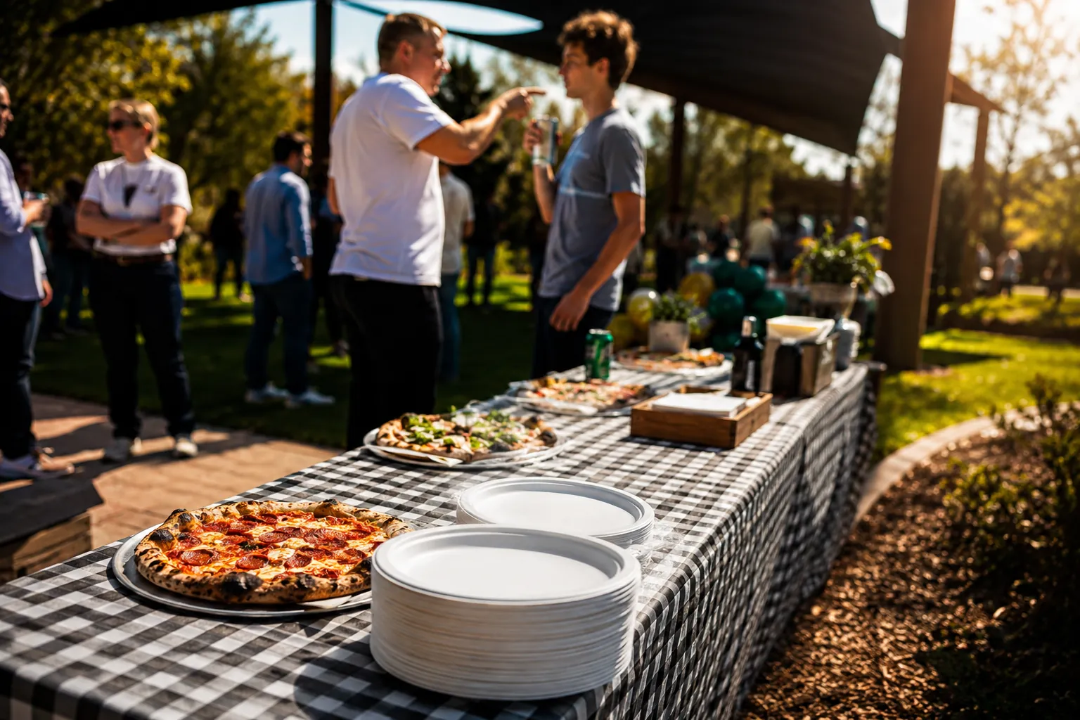 Guests served from a wood-fired pizza buffet at an outdoor event