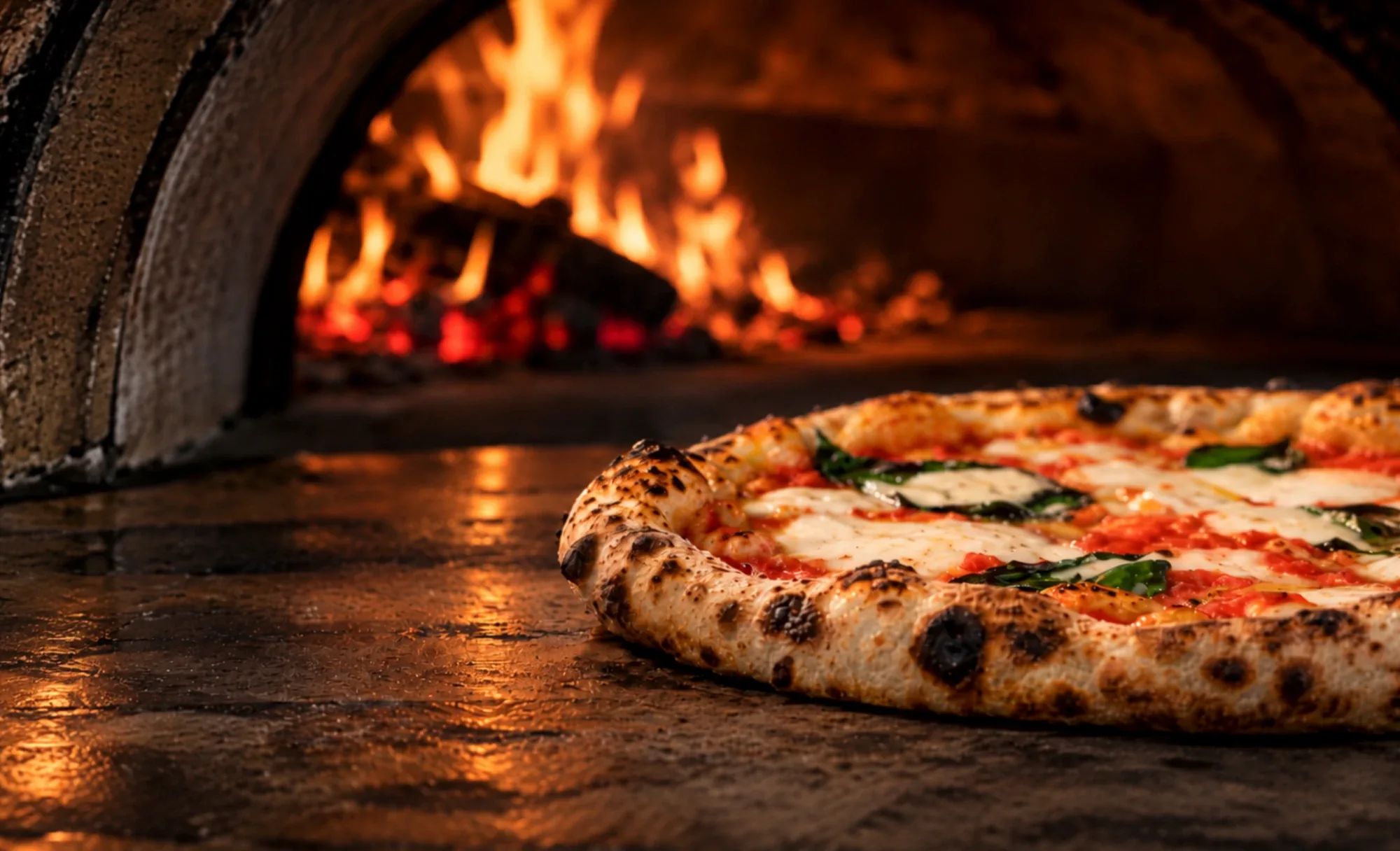 A Neapolitan margherita on the oven floor beside the burning wood