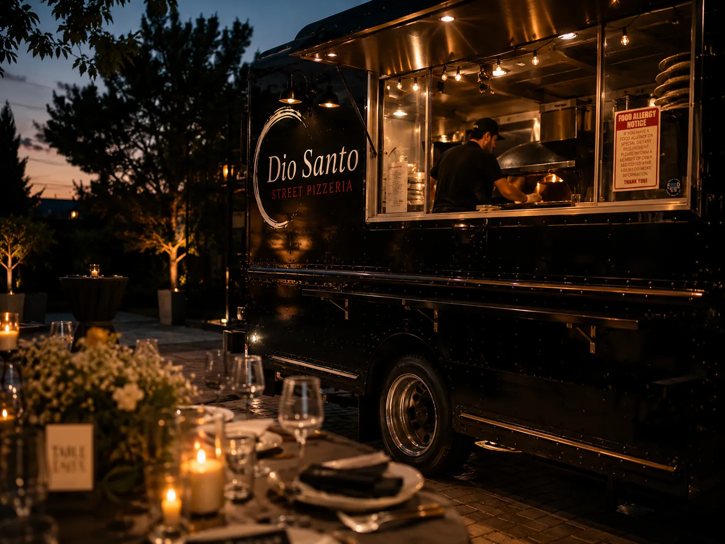 The Dio Santo food truck serving at a candlelit evening event
